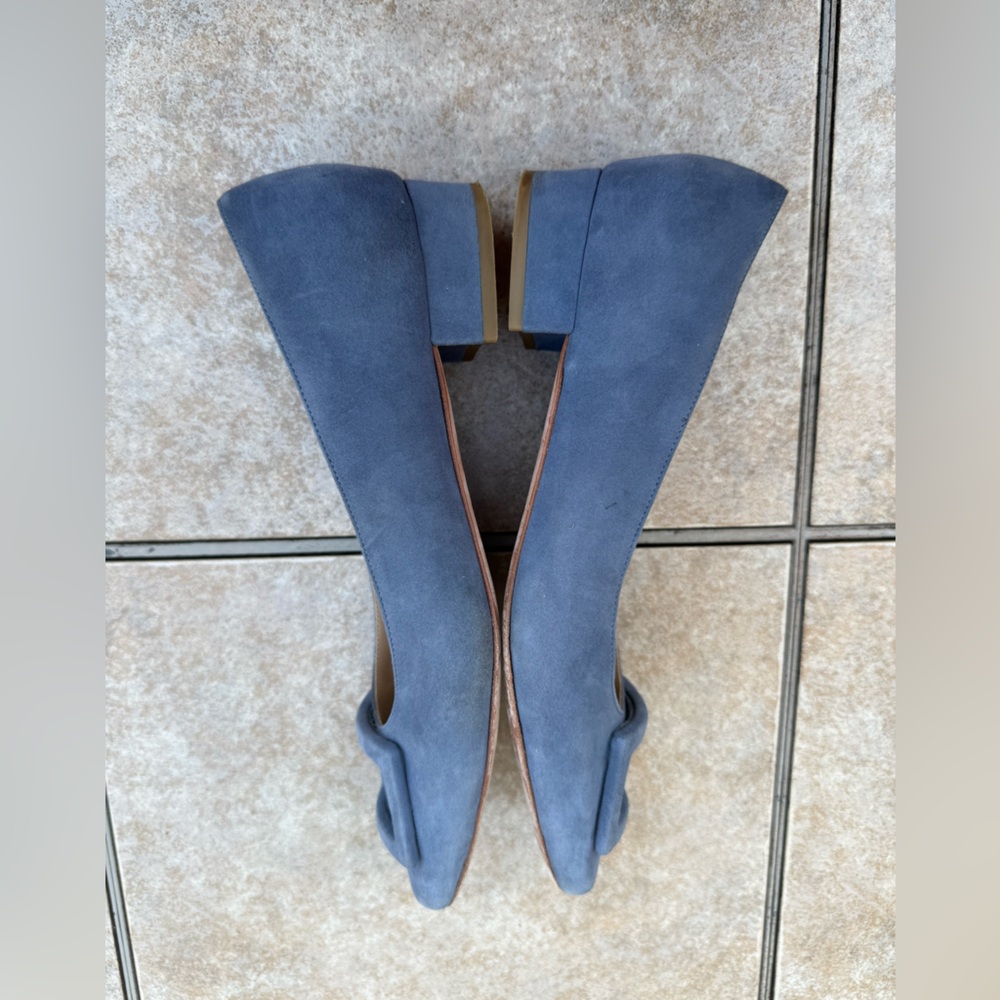 ANN MASHBURN Powder Blue Suede Low Block Heel Pumps with Decorative Buckle - Picture 12 of 14